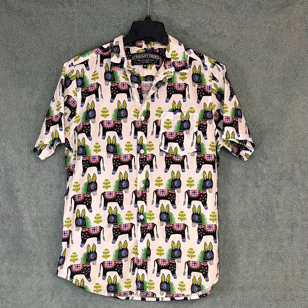 Straight Faded Donkey Print Button Down Shirt Mens Medium Novelty Fiesta Shirt